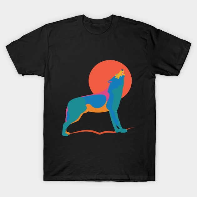 Vibrant Wolf Howling at a Huge Red Orange Moon T-Shirt by evisionarts